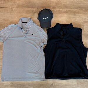 Nike Golf Bundle. Nike Black Fleece Vest w/White&Black Striped Polo and Hat